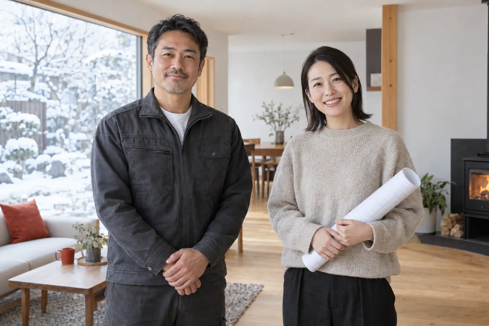 改修したリビングに並んで立つ、代表の室谷と設計士の春日